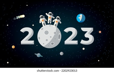 2023 text in space with three astronauts on the Moon surface. New Year background with flat planet Earth, Moon and astronauts in space.