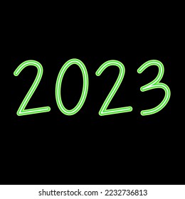 2023 text vector design in green digital neon style. 2023 inscription design for brochure, card, banner design template isolated on black background.