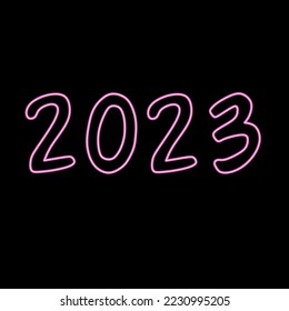 2023 text vector design in pink digital neon style. 2023 inscription design for brochure, card, banner design template isolated on black background.