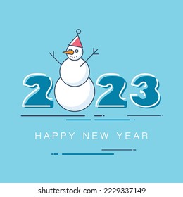 2023. Thin art, concept the new year 2023 banner. Blue and white numbers design. Linear picture, pattern, snowman. Festive poster on a white background. Christmas Elements for calendar, greeting cards