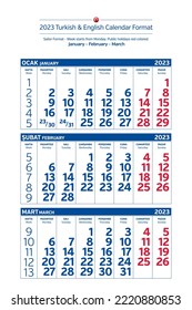 2023 Turkish-English Sailor Calendar Format. Week starts from Monday. Public holidays red colored. Vector Illustration.