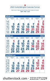 2023 Türkisch-Englisch Sailor Kalender Format. Die Woche beginnt am Montag. Feiertage rot. Vektorgrafik.