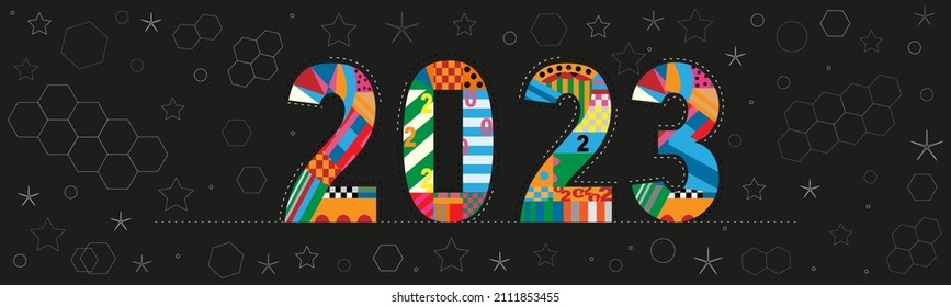 2023 Typography text font with rabbit and polar bear in geometric style on black background,Vector horizon background for banner, flyer, poster, calendar for Chinese New Year 2023 with rabbit symbol