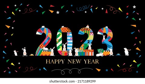 2023 Typography text font with rabbit and polar bear in geometric style on black background,Vector horizon background for banner, flyer, poster, calendar for Chinese New Year 2023 with rabbit symbol