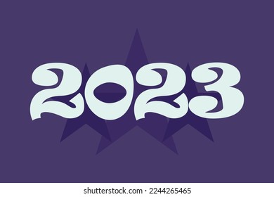 Diseño vectorial de tipografía 2023. Feliz Año Nuevo 2023. Afiche de la plantilla del logotipo de la tipografía conceptual de Vision 2023 y diseño de camisetas. Texto tipográfico blanco sobre fondo de color Violeta. 