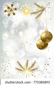 2023 vector card, Happy new year and christmas winter holiday party invitation, brochure, poster, flyer, greeting card, sale banner template. Modern gold bokeh lights effect, Christmas ball, fir tree