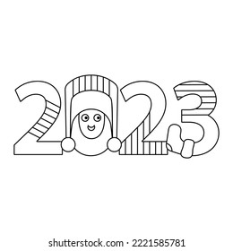 2023. Vector coloring book page. The figures are wearing a hat and socks. A fun illustration for children.