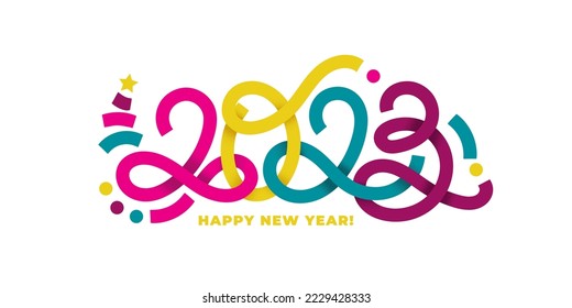 2023 vector confetti like geometric hand-drawn numbers with minimalistic elements horizontal composition. 2023 numbers design template. Happy new year minimalistic concept for greeting materials.