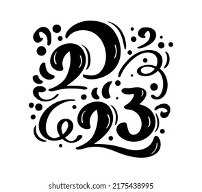 2023 vector Happy New Year and Christmas text with swirls. Cover of business diary for design holiday template, card banner illustration Isolated on white background.
