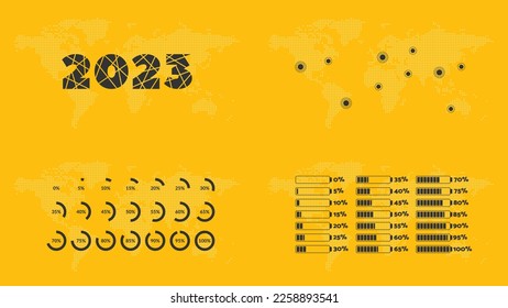 2023 vector infographics, 0 to 100 percentage charts, map pointers, world icon. Background for landing page, web, template, sample, global business, finance, presentation, data