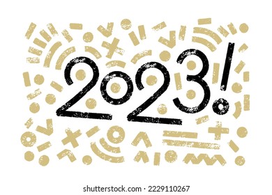 Sello vectorial 2023 como números geométricos dibujados a mano con elementos minimalistas de composición horizontal. plantilla de diseño de números 2023. Feliz año nuevo concepto minimalista para materiales de bienvenida.