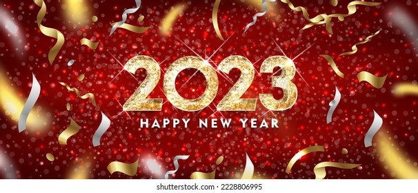 2023 Texto vectorial para feliz año nuevo y confeti volando por ahí
