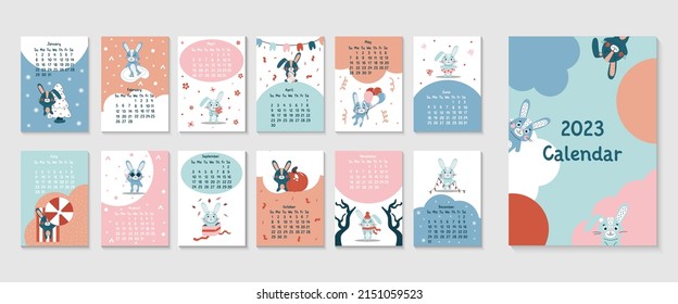2023 vertical calendar design with cute rabbits chinese year symbol. 12 month, week start on sunday. Page template size A3, A4, A5. Vector flat illustrtion, great for kids, nursery, poster, printable.