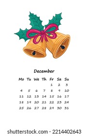 2023 vertical calendar for the month December  and christmas bells