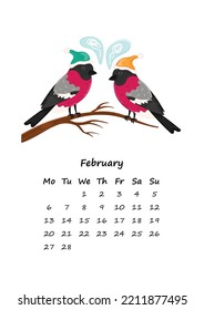 2023 vertical calendar for the month of February with Bullfinches or robin speak on branch with speech bubal and Christmas had.