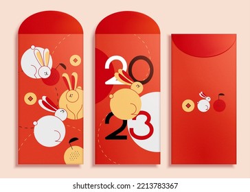 2023 Vertical red envelope templates. Cute geometric rabbits sitting on circles background. Translation: Year of the rabbit