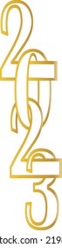 2023 vertically interconnected number in golden gradient outline with CMYK colors