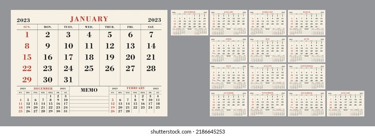 2023 vintage calendar template design(Including December of the previous year and January of the following year)