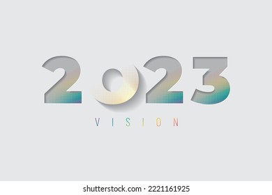 Logotipo de los números de corte y desvanecimiento de la visión 2023 con efectos y letras del espectro y el semitono dorado - Oro y multicolor en fondo claro - Diseño gráfico mixto vectorial