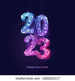 2023 volumetric sparkling glitter numbers hanging on strings. Blue to pink colorful gradient. Happy new year banner. Vector decoration. For Christmas and holiday cards, party posters.