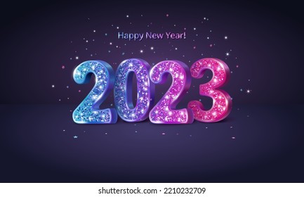 2023 volumetric sparkling glitter numbers on dark background. Blue to pink colorful gradient. Happy new year banner. Vector decoration. For Christmas and holiday cards, party posters.