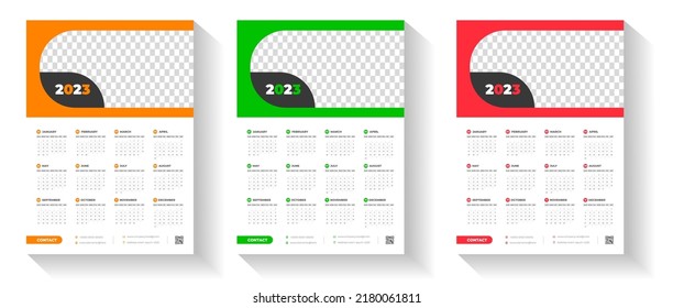Plantilla de diseño de calendario de pared de 2023 con color rojo, verde y naranja