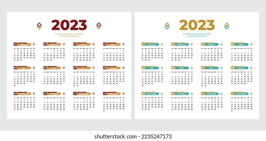 2023 Wall calendar design template. Editable with 3 color variations. 12 months in one page calendar with 2 color variations