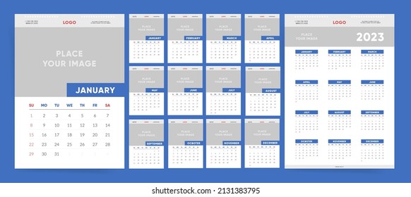 2023 wall calendar template design. Ready to use corporate business calendar with place for image and logo. Vector vertical 12 months 2023 calendar. Starts on Sunday.