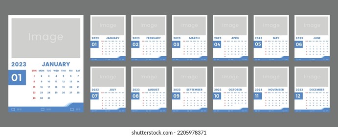 2023 Wall Calendar Template Design In Blue And White Color