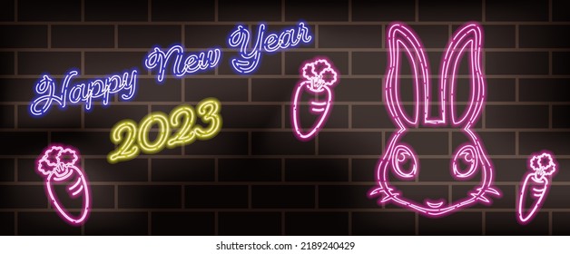 2023 Wall and neon rabbit New Year's banner, header illustration. Vector illustration.