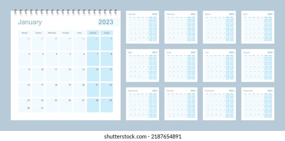 La semana comienza el lunes, en 2023, con un planificador de pared de color pastel azul. Calendario con cuadrado azul y con el día del mes anterior y siguiente.