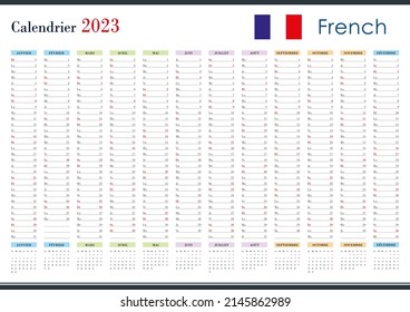 2023 Wall Planner in French. Yearly calendar and organizer. Simple layout in color. Template for the company and family. 12 vertical months on one page. Free copy space for notes.