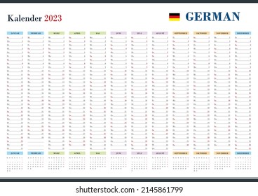 2023 Wall Planner in German. Yearly calendar and organizer. Simple layout in color. Template for the company and family. 12 vertical months on one page. Free copy space for notes.