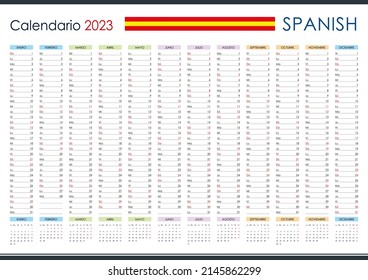 2023 Wall Planner in Spanish. Yearly calendar and organizer. Simple layout in color. Template for the company and family. 12 vertical months on one page. Free copy space for notes.