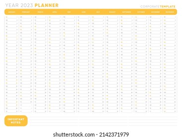 2023 wall planner. Vector calendar and planner with daily agenda template for teamwork and freelancers. Activity organizer wall design. 