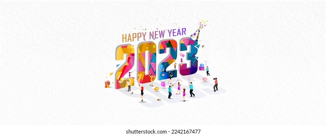 2023 Welcome creative Design. Greeting card of New Year 2023. Colorful text with people worker employees dancing and fun background.