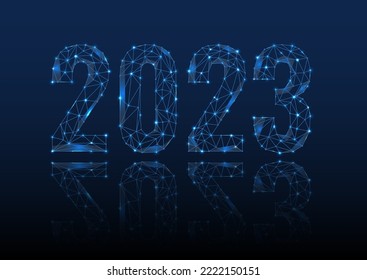 2023 wireframe Christmas and new year banner calendar date with reflection vector sign. Xmas blue polygon numbers with light and sparcles. Dot and line triangle gold futuristic polygonal design.