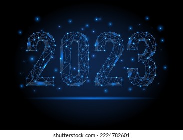 2023 wireframe Christmas and new year degital banner or calendar date vector sign. Xmas blue polygon numbers with light and sparcles. Dot and line triangle gold futuristic polygonal  design.