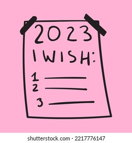 2023 wish list. Hand drawn illustration on pink background.