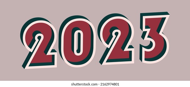 2023 year with 3D effect in retro style. Well red and Deep Teal colors. Vector illustration