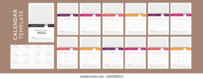 2023 Year, Annual Yearly Wall Calendar with Planner and Organiser in Two Different Formats with Photo or Image Placeholder.