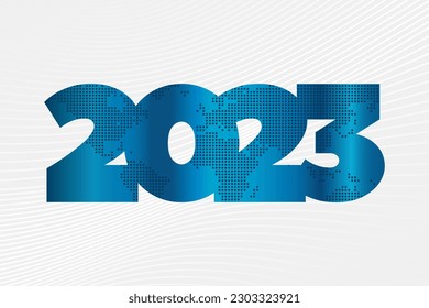 2023 year blue gradient vector icon with dotted world map. White gray background, wave pattern. Element for global business, web design, infographic illustration, symbol, sign