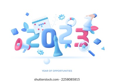 2023 year of business development opportunities concept composition with 3d items. Create corporate strategy. Company management. Modern vector illustration for advertisement banners and posters