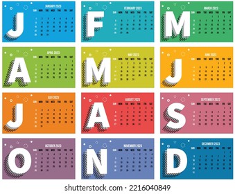 2023 Year Calendar. Horizontal US English calendar template from Sunday to Saturday with multi-colored background. Editable vector File.