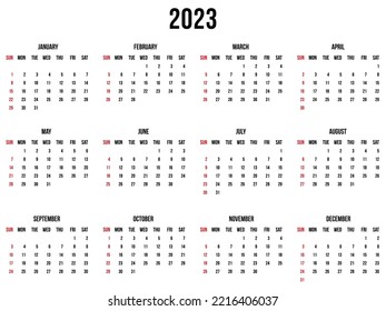 Calendario de 2023 años. Plantilla horizontal del calendario inglés de EE.UU. de domingo a sábado con fondo blanco en blanco. Archivo vectorial editable.