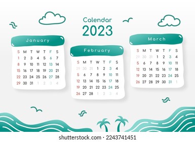 Enero calendario 2023 para marchar el diseño moderno del tema del mar verde