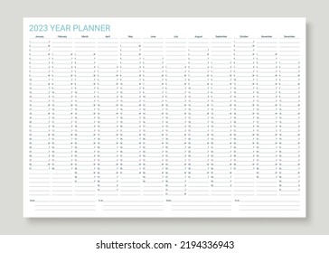 2023 year calendar planner. Desk calender template. Annual daily organizer. Agenda diary with 12 months. Week starts Sunday. Schedule page in English. Business vector illustration. Simple design.