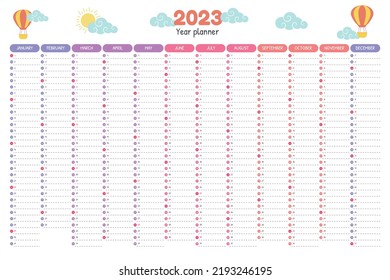 2023 year calendar.  Planner template with vertical columns. Vector  kid organizer.