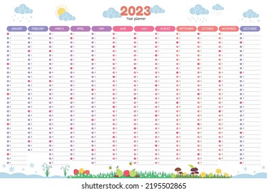 2023 year calendar.  Planner template with vertical columns. Vector  kid organizer.