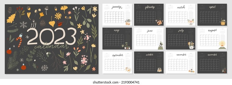 2023 year calendar template design. 4 seasons decorative elements on 12 cards for each month. Planner for new year. Set for 12 months. Vector A4 horizontal cartoon flat style hand drawn illustration